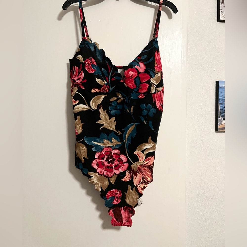 Scalloped V-Neck Tank Onsie. Black with red, tan and teal floral accents.